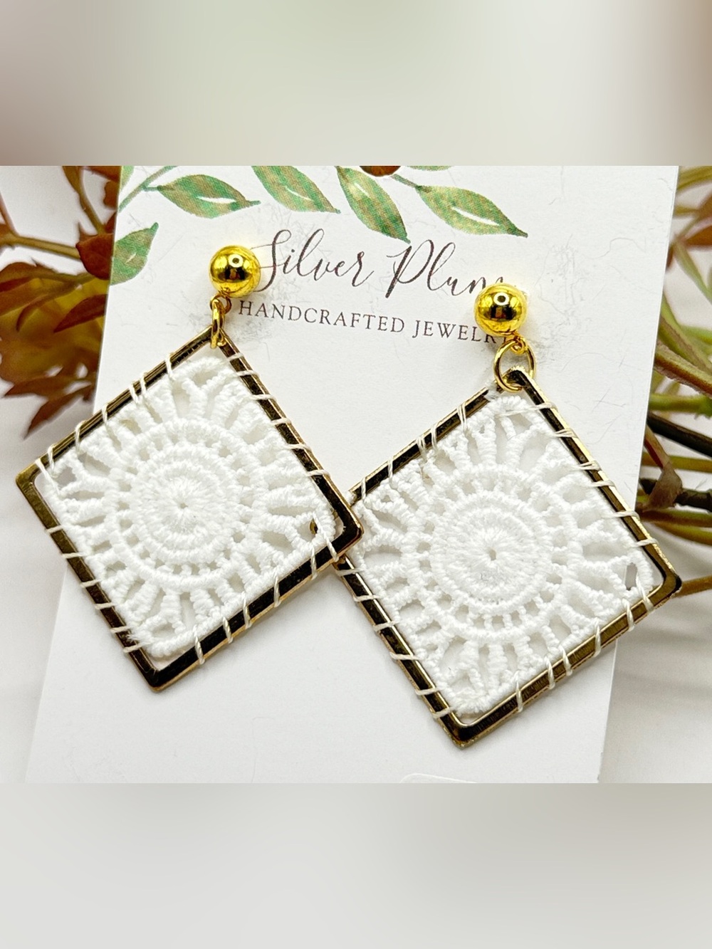 White Crochet Square Drop Earrings - Gold Frame